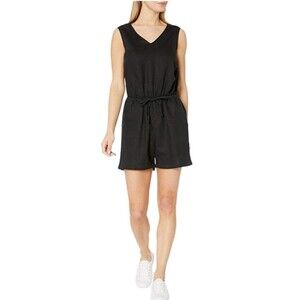 Women Black Romper Size 4 Linen Blend V Neck Drawstring